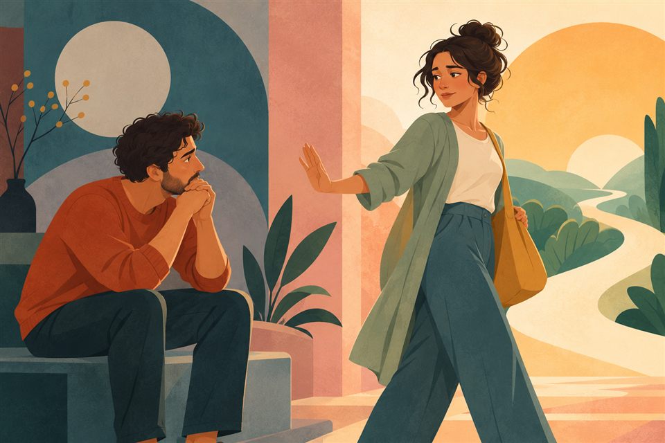 Illustrazione vettoriale di due persone che affrontano una scelta e la delusione nelle relazioni, mantenendo rispetto e autonomia. Immagine generata con intelligenza artificiale a scopo illustrativo.