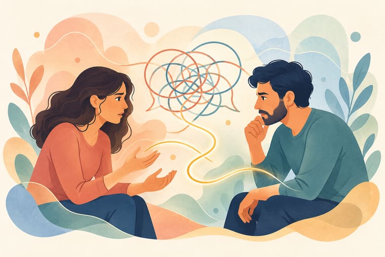 Illustrazione vettoriale di due partner che cercano di uscire da uno schema ripetitivo di conflitto e costruire un nuovo modo di comunicare. Immagine generata con intelligenza artificiale a scopo illustrativo.