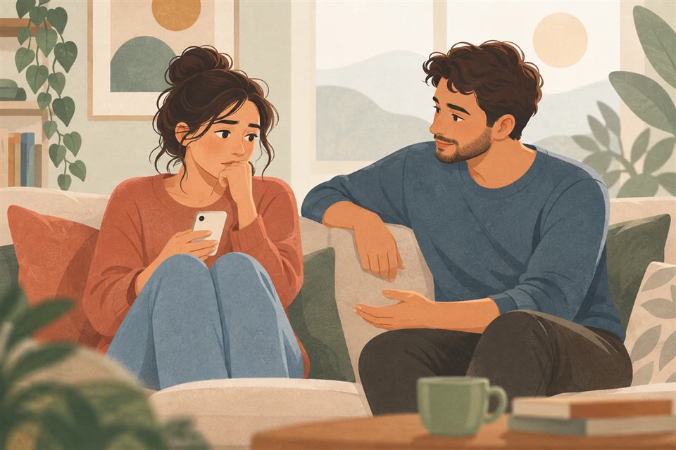 Illustrazione vettoriale su attaccamento insicuro e bisogno di rassicurazione, con due persone in dialogo in un contesto domestico accogliente. Immagine generata con intelligenza artificiale a scopo illustrativo.