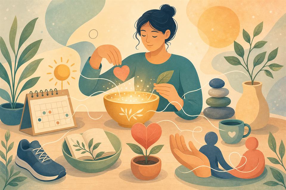 Illustrazione vettoriale sui fondamenti della felicità e del benessere psicologico